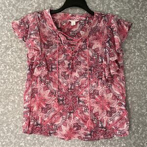 Caslon Pink Tapestry Print Boho Peasant Blouse - Size Small - Flutter Sleeve Top